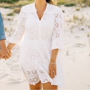 MAJE White Long Sleeve Short Eyelet Dress